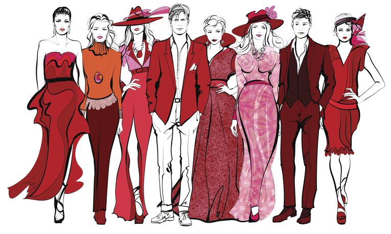 Colorful fashion women and men defile - vector illustration